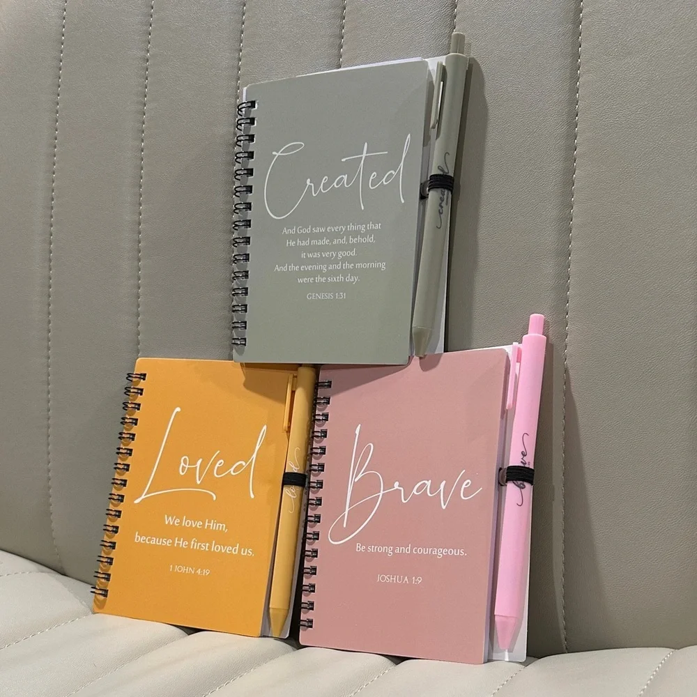 Bible Verse Notebook Trio & Pens Loved - John Brave - Joshua Created - Genesis